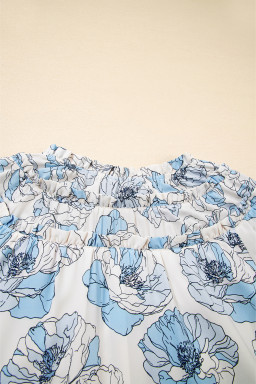 Sky Blue Floral Print Tie Neck Long Sleeve Flowy Mini Dress