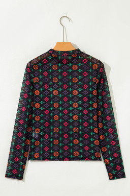 Black Western Aztec Printed Long Sleeve Mesh Top