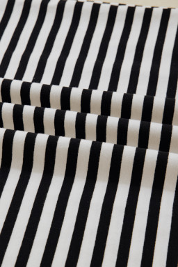 Black Striped Round Neck Contrast Lace Trim Bell Sleeve Top