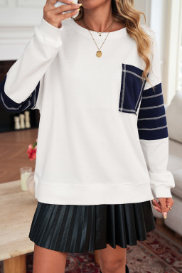 White Denim Patchwork Ribbed Round Neck Pullover Sweatshirt