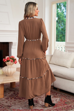 Chestnut Floral Patchwork Notched Neck Long Sleeve Maxi Dress