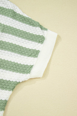 Green Stripe V Neck Short Sleeve Sweater with Side Slits