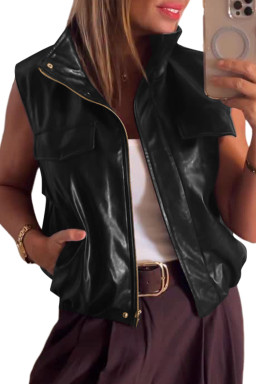 Black Double Flap Pocket Faux Leather Zip Up Stand Neck Vest