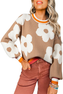 Smoke Gray Big Flower Pattern Contrast Striped Baggy Sweater