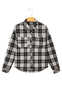 Black Plaid Print Chest Pockets Buttoned Shirt
