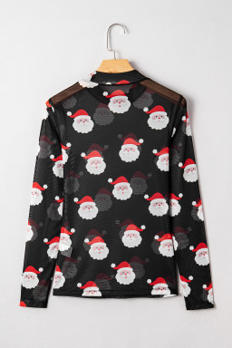 Black Christmas Santa Claus Slim Fit Mesh Long Sleeve Top