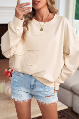 Beige Raw Edge Flower Patch Drop Shoulder Long Sleeve Top
