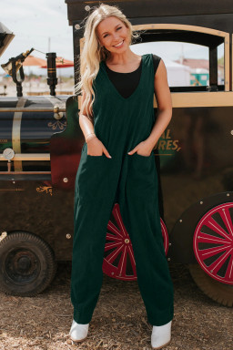 Evergreen Corduroy V Neck Patched Pocket Sleeveless Jumpsuit