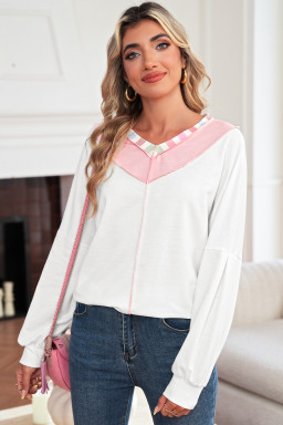 White Rainbow Striped V Neck Colorblock French Terry Top