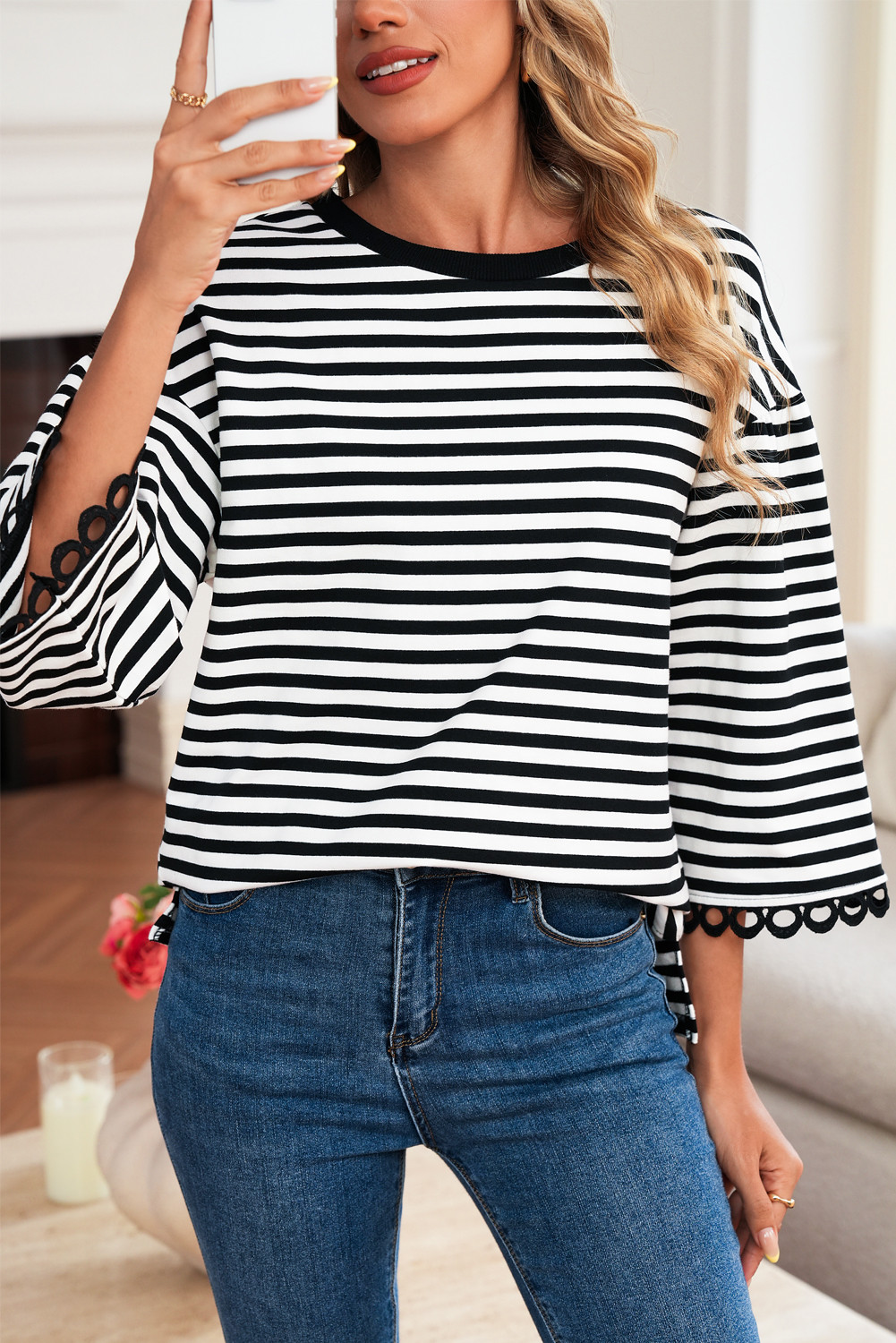 Black Striped Round Neck Contrast Lace Trim Bell Sleeve Top