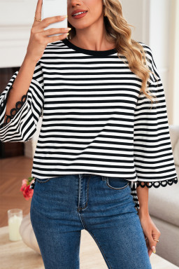 Black Striped Round Neck Contrast Lace Trim Bell Sleeve Top