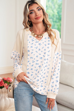 Beige Floral Print Waffle Patchwork Balloon Sleeve V Neck Oversized Top