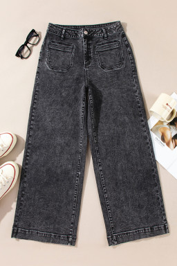 Black Chic Patch Pocket Straight Leg Loose Jeans