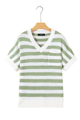 Green Stripe V Neck Short Sleeve Sweater with Side Slits