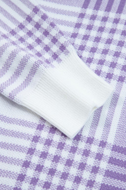 Lilac Plaid Print Ribbed Trim Loose Sweater