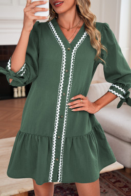 Canton Contrast Ricrac Trim Button V Neck Knotted Bracelet Sleeve Dress