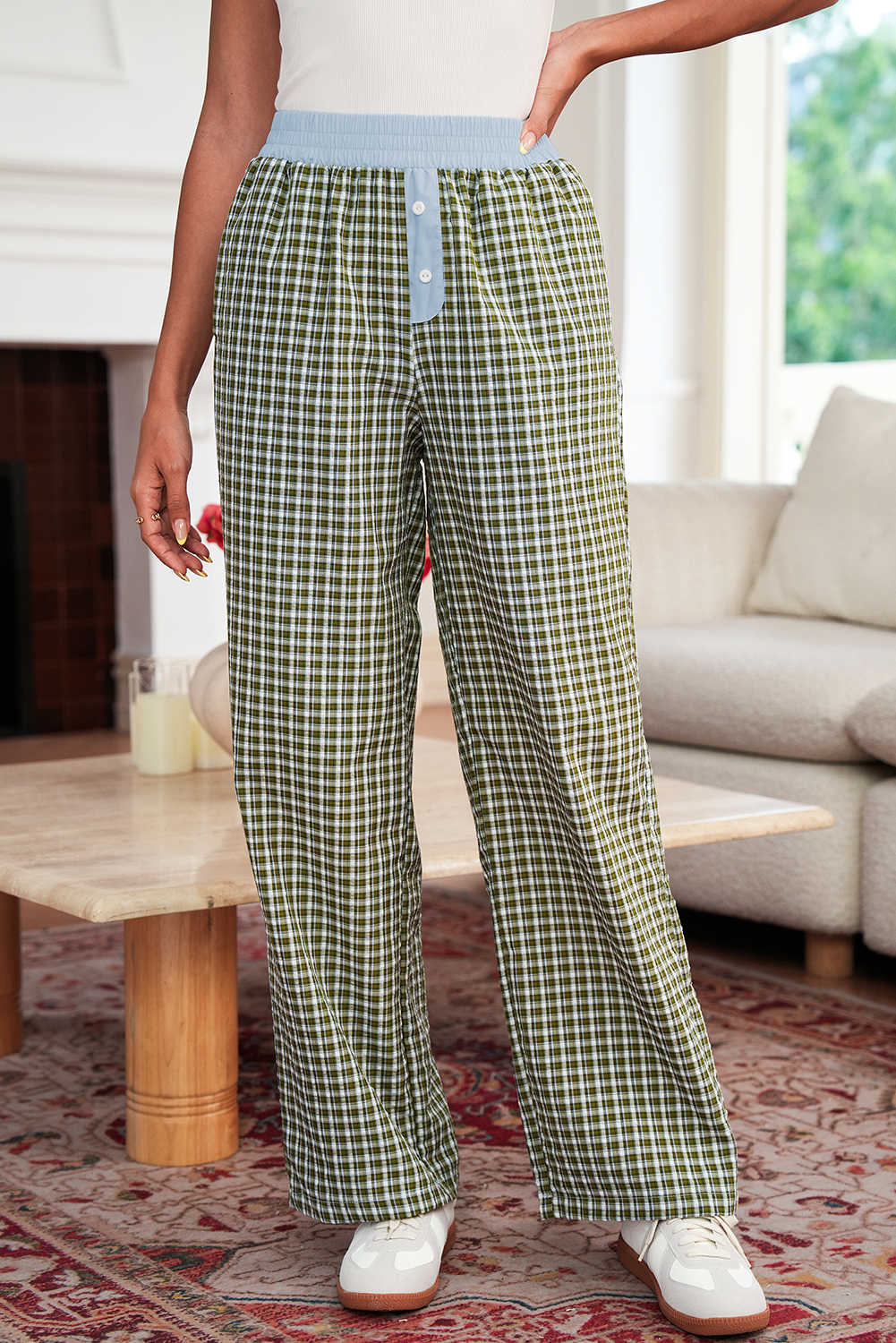 Pantalons de retalls de cintura alta amb botons a quadres marrons