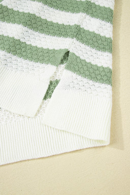 Green Stripe V Neck Short Sleeve Sweater with Side Slits