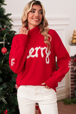Fiery Red Merry Snowflake Pattern Christmas Turtleneck Sweater