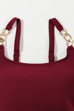Burgundy Grommet Shoulder Strap Pleated Swim Dress