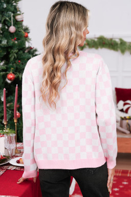 Pink Checkered Christmas Tree Pattern Button V Neck Knit Cardigan