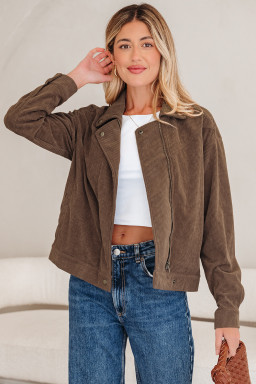 Dark Khaki Button Zip Up Lapel Collar Corduroy Jacket