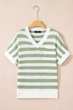 Green Stripe V Neck Short Sleeve Sweater with Side Slits