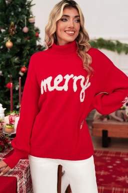 Fiery Red Merry Snowflake Pattern Christmas Turtleneck Sweater