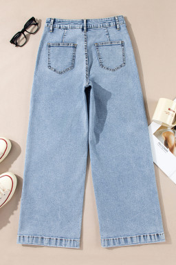 Light Blue Chic Patch Pocket Straight Leg Loose Jeans