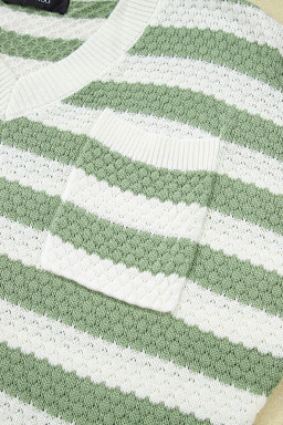Green Stripe V Neck Short Sleeve Sweater with Side Slits