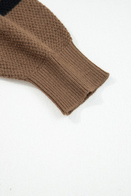Dark Brown Colorblock Striped Sleeve Detail Knit Sweater