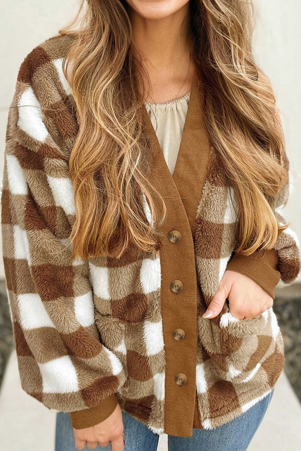 Brown Checkered Sherpa Loose Knit Cardigan with Pockets