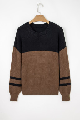 Dark Brown Colorblock Striped Sleeve Detail Knit Sweater