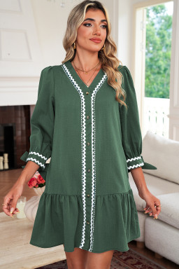 Canton Contrast Ricrac Trim Button V Neck Knotted Bracelet Sleeve Dress