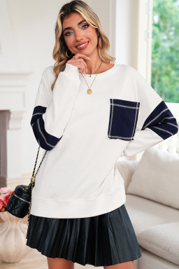 White Denim Patchwork Ribbed Round Neck Pullover Sweatshirt