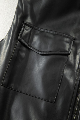 Black Double Flap Pocket Faux Leather Zip Up Stand Neck Vest
