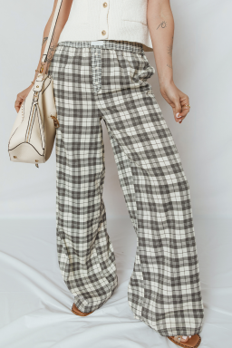 Gray Plaid Wide Leg Casual Pants