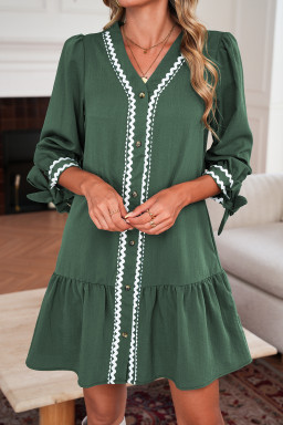 Canton Contrast Ricrac Trim Button V Neck Knotted Bracelet Sleeve Dress