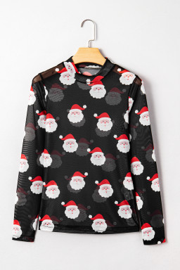 Black Christmas Santa Claus Slim Fit Mesh Long Sleeve Top