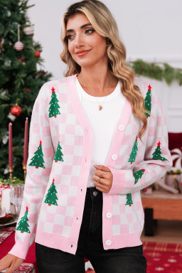 Pink Checkered Christmas Tree Pattern Button V Neck Knit Cardigan