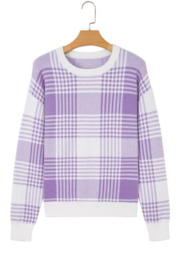 Lilac Plaid Print Ribbed Trim Loose Sweater