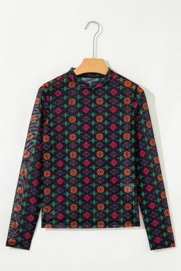 Black Western Aztec Printed Long Sleeve Mesh Top