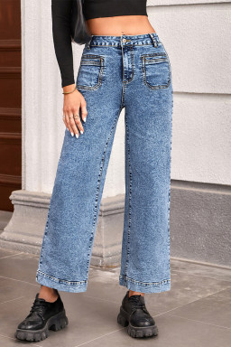 Blue Chic Patch Pocket Straight Leg Loose Jeans