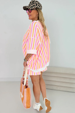 Pink Stripe Drop Shoulder Half Sleeve Loose Tee and Shorts Casual Set