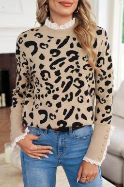 Brown Leopard Pattern Lace Trim Ribbed Detail Button Cuffed Sweater