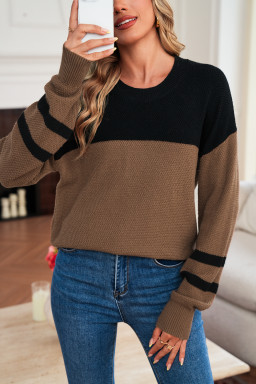 Dark Brown Colorblock Striped Sleeve Detail Knit Sweater