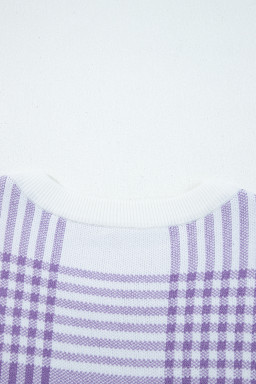 Lilac Plaid Print Ribbed Trim Loose Sweater