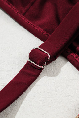 Burgundy Grommet Shoulder Strap Pleated Swim Dress