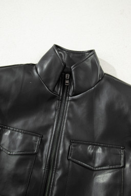 Black Double Flap Pocket Faux Leather Zip Up Stand Neck Vest