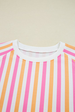 Pink Stripe Drop Shoulder Half Sleeve Loose Tee and Shorts Casual Set